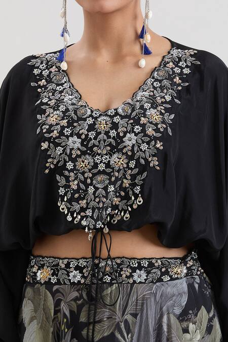 Buy_Basanti - Kapde Aur Koffee_Black Crepe Beads, Sequins, Embroidery Floral Print Skirt And Kaftan Top Set