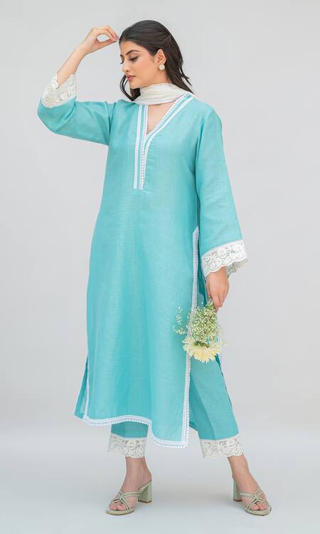 Daljit Sudan Blue Linen, Cotton, Georgette Lace, Embroidery V-neck Aari Kurta Set Online at Aza Fashions Daljit Sudan_Blue Linen, Cotton, Georgette Lace, Embroidery V-neck Aari Kurta Set _Online_at_Aza_Fashions