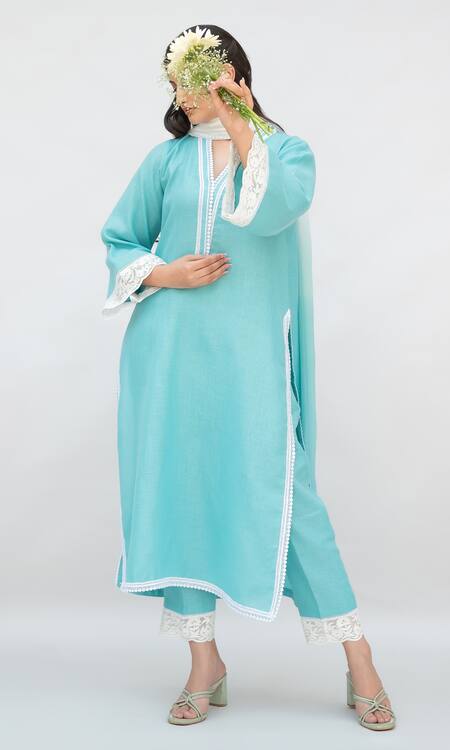 Daljit Sudan Blue Linen, Cotton, Georgette Lace, Embroidery V-neck Aari Kurta Set at Aza Fashions Daljit Sudan_Blue Linen, Cotton, Georgette Lace, Embroidery V-neck Aari Kurta Set _at_Aza_Fashions