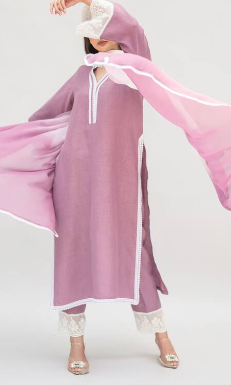 Shop Daljit Sudan Purple Linen, Cotton, Georgette Embroidery V-neck Aari Straight Kurta Set Online at Aza Fashions Shop_Daljit Sudan_Purple Linen, Cotton, Georgette Embroidery V-neck Aari Straight Kurta Set _Online_at_Aza_Fashions