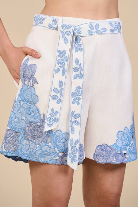 Origani White Linen Embroidery Rose Bud Shorts With Belt Online at Aza Fashions Origani_White Linen Embroidery Rose Bud Shorts With Belt _Online_at_Aza_Fashions