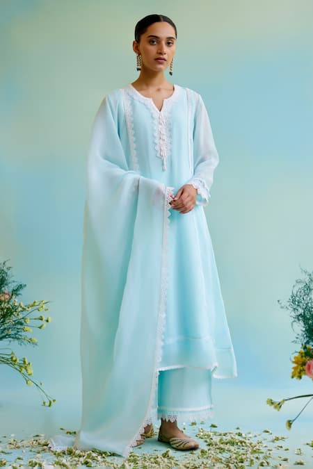 Nero India Blue Pant Muslin Embellished Lace Notched Kurta And Wide Legged Set 