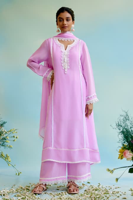 Nero India Purple Pant Muslin Embellished Lace Notched Panelled Kurta And Wide Legged Set 