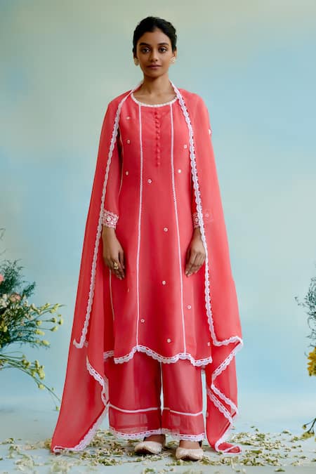 Nero India Coral Pant Muslin Embellished Lace Round Neck Kurta And Wide Legged Set 