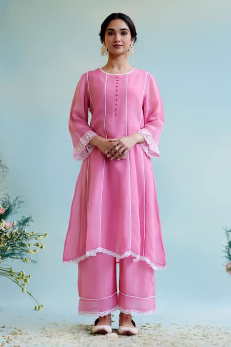 Nero India Pink Pant Muslin Embroidery Thread Round Neck Sleeve Kurta And Wide Legged Set 