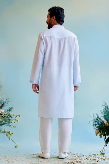 Shop Nero India Blue Chanderi Embroidery Pintuck Detailed Straight Kurta at Aza Fashions Shop_Nero India_Blue Chanderi Embroidery Pintuck Detailed Straight Kurta _at_Aza_Fashions