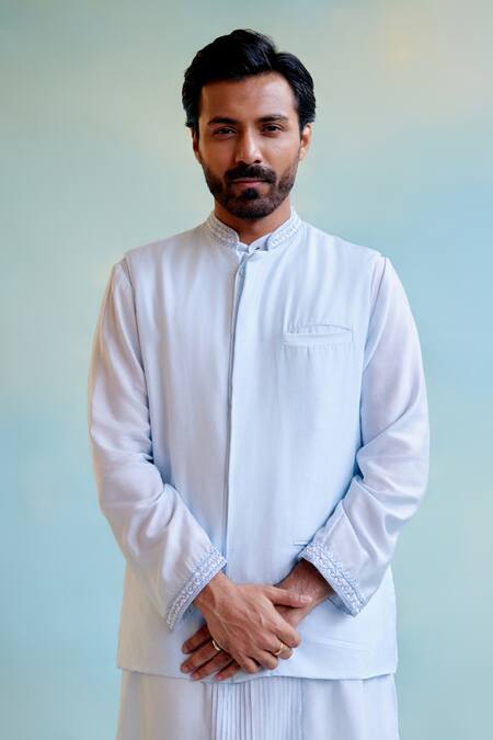 Shop Nero India Blue Chanderi Embroidery Pintuck Detailed Straight Kurta Online at Aza Fashions Shop_Nero India_Blue Chanderi Embroidery Pintuck Detailed Straight Kurta _Online_at_Aza_Fashions