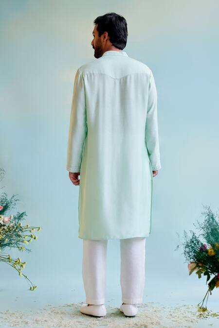 Shop_Nero India_Green Chanderi Embroidered Thread Pintuck Detailed Kurta _at_Aza_Fashions