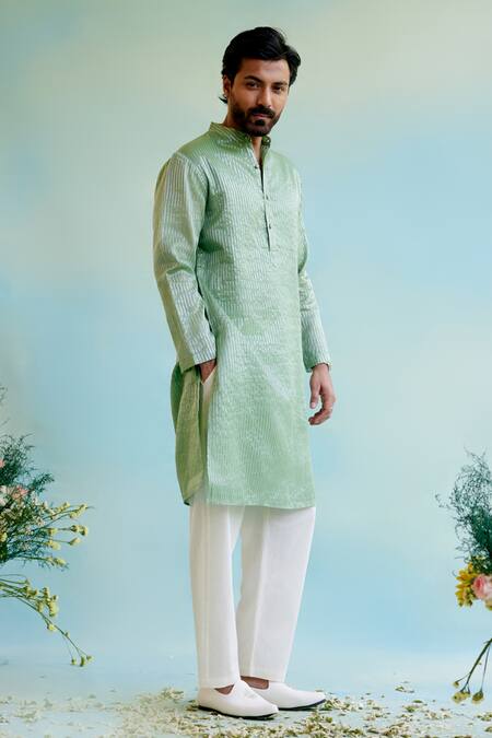 Shop Nero India Green Crepe Stripe Pattern Straight Kurta Online at Aza Fashions Shop_Nero India_Green Crepe Stripe Pattern Straight Kurta _Online_at_Aza_Fashions