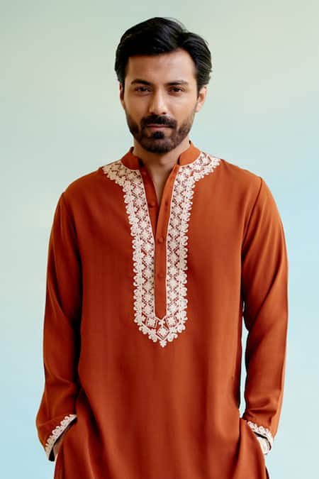 Nero India_Orange Linen, Georgette Diamonds Dori Embroidered Straight Kurta _Online_at_Aza_Fashions