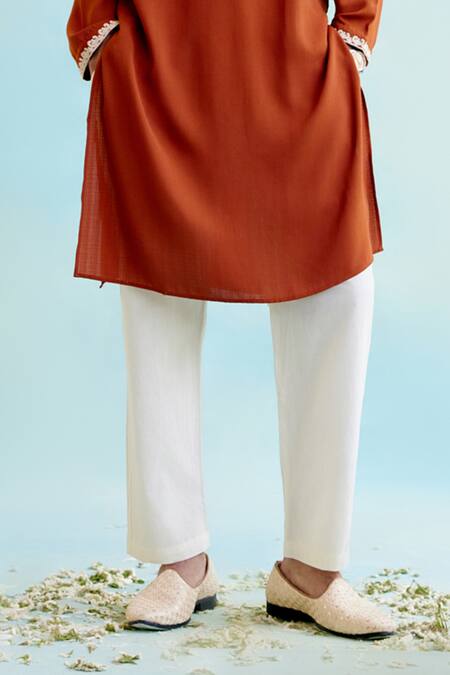 Buy_Nero India_Orange Linen, Georgette Diamonds Dori Embroidered Straight Kurta _Online_at_Aza_Fashions