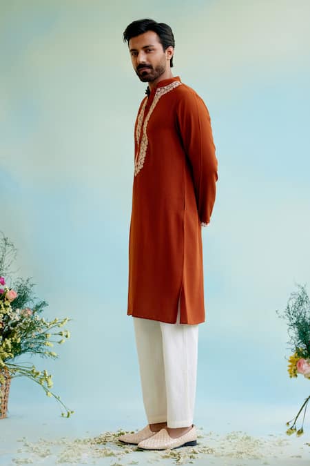 Shop_Nero India_Orange Linen, Georgette Diamonds Dori Embroidered Straight Kurta _Online_at_Aza_Fashions