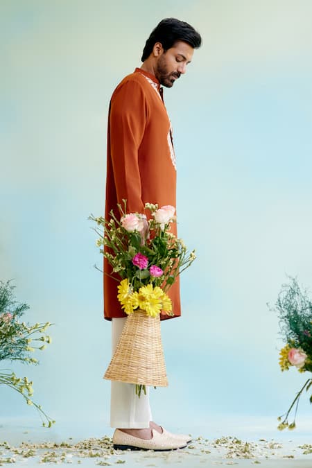 Nero India_Orange Linen, Georgette Diamonds Dori Embroidered Straight Kurta _at_Aza_Fashions