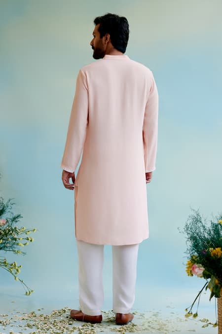 Shop Nero India Pink Linen, Georgette Dori Embroidered Front Straight Kurta at Aza Fashions Shop_Nero India_Pink Linen, Georgette Dori Embroidered Front Straight Kurta _at_Aza_Fashions