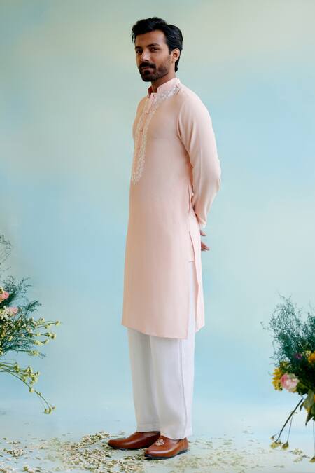 Nero India Pink Linen, Georgette Dori Embroidered Front Straight Kurta Online at Aza Fashions Nero India_Pink Linen, Georgette Dori Embroidered Front Straight Kurta _Online_at_Aza_Fashions