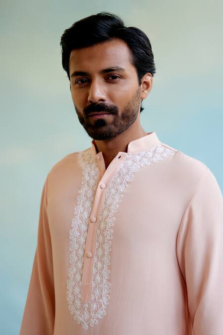 Buy Nero India Pink Linen, Georgette Dori Embroidered Front Straight Kurta Online at Aza Fashions Buy_Nero India_Pink Linen, Georgette Dori Embroidered Front Straight Kurta _Online_at_Aza_Fashions