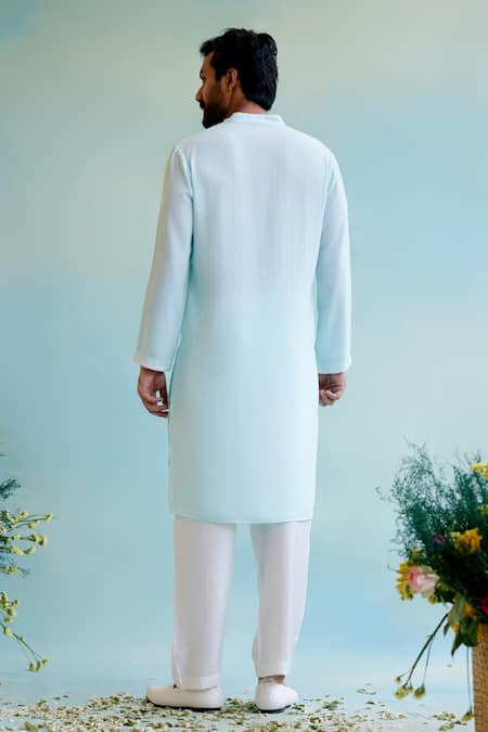 Shop Nero India Blue Linen, Georgette Embroidery Floral Dori Straight Kurta at Aza Fashions Shop_Nero India_Blue Linen, Georgette Embroidery Floral Dori Straight Kurta _at_Aza_Fashions