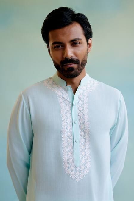 Buy Nero India Blue Linen, Georgette Embroidery Floral Dori Straight Kurta Online at Aza Fashions Buy_Nero India_Blue Linen, Georgette Embroidery Floral Dori Straight Kurta _Online_at_Aza_Fashions