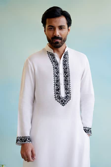 Nero India_White Muslin Embroidery Floral Kurta _Online_at_Aza_Fashions