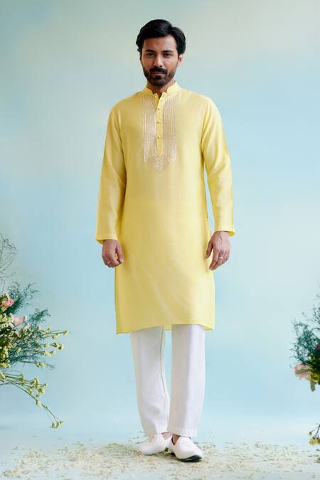 Buy_Nero India_Yellow Chanderi, Cotton Gota Patti Lace Embellished Straight Kurta With Pant _Online_at_Aza_Fashions