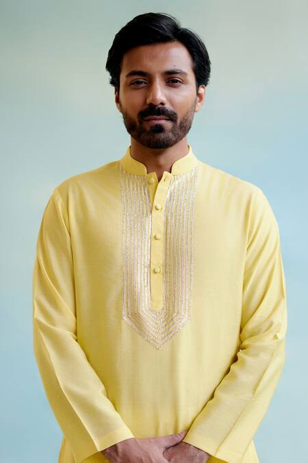 Shop_Nero India_Yellow Chanderi, Cotton Gota Patti Lace Embellished Straight Kurta With Pant _Online_at_Aza_Fashions