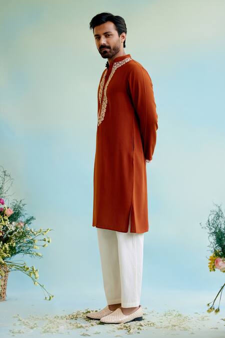Nero India_Orange Chanderi Embroidery Dori Straight Kurta With Pant _Online_at_Aza_Fashions