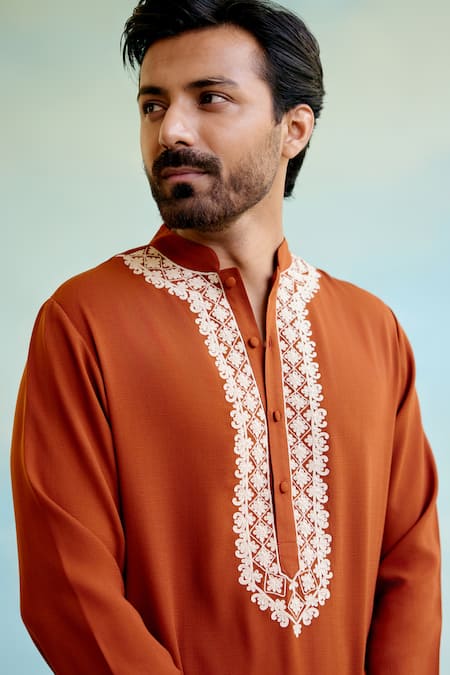 Buy_Nero India_Orange Chanderi Embroidery Dori Straight Kurta With Pant _Online_at_Aza_Fashions
