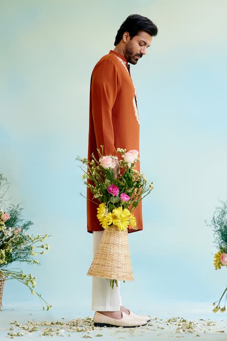 Shop_Nero India_Orange Chanderi Embroidery Dori Straight Kurta With Pant _Online_at_Aza_Fashions