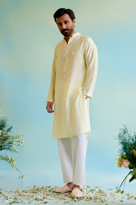 Nero India_Yellow Chanderi Embroidery Buta Kurta With Pant _Online_at_Aza_Fashions