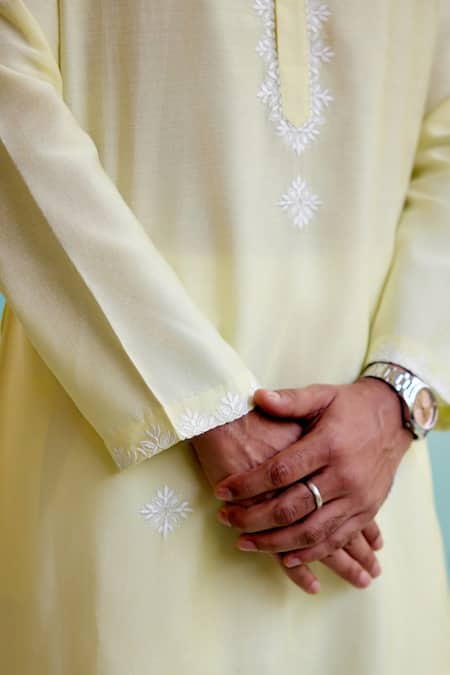 Buy_Nero India_Yellow Chanderi Embroidery Buta Kurta With Pant _Online_at_Aza_Fashions