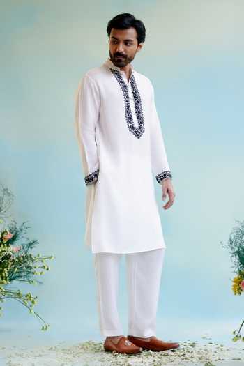 Nero India White Muslin, Cotton Embroidery Floral Kurta With Pant Online at Aza Fashions Nero India_White Muslin, Cotton Embroidery Floral Kurta With Pant _Online_at_Aza_Fashions