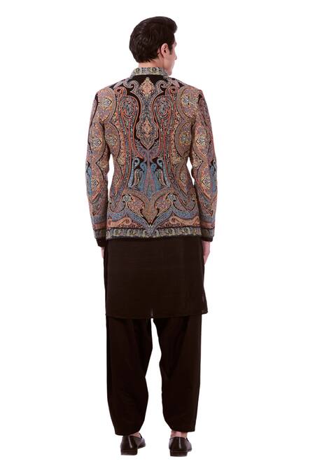 Taroob_Black Silk, Wool Embroidery Vintage Kashmiri Sozni Bandhgala _Online_at_Aza_Fashions