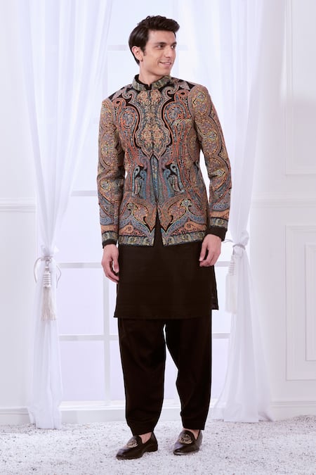 Buy_Taroob_Black Silk, Wool Embroidery Vintage Kashmiri Sozni Bandhgala _Online_at_Aza_Fashions