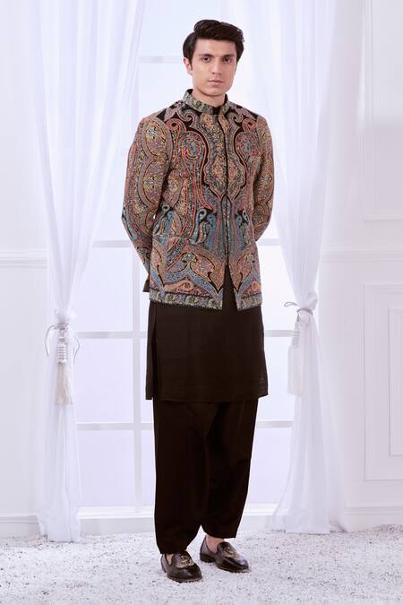 Shop_Taroob_Black Silk, Wool Embroidery Vintage Kashmiri Sozni Bandhgala _Online_at_Aza_Fashions