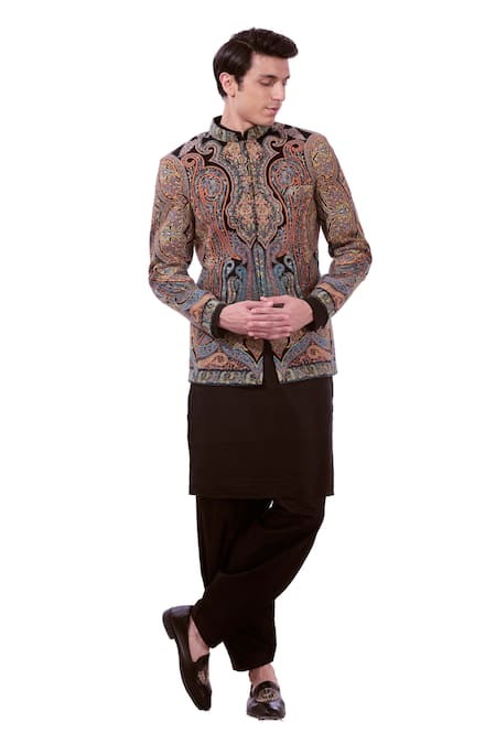 Taroob_Black Silk, Wool Embroidery Vintage Kashmiri Sozni Bandhgala _at_Aza_Fashions