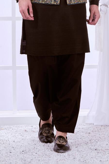 Shop_Taroob_Black Silk, Wool Embroidery Vintage Kashmiri Sozni Bandhgala 