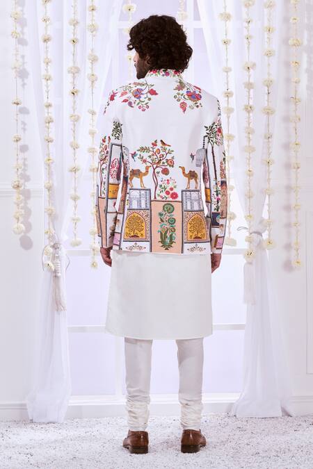 Shop Taroob White Silk Embroidery Moroccan Kalamkari Bandhgala at Aza Fashions Shop_Taroob_White Silk Embroidery Moroccan Kalamkari Bandhgala_at_Aza_Fashions