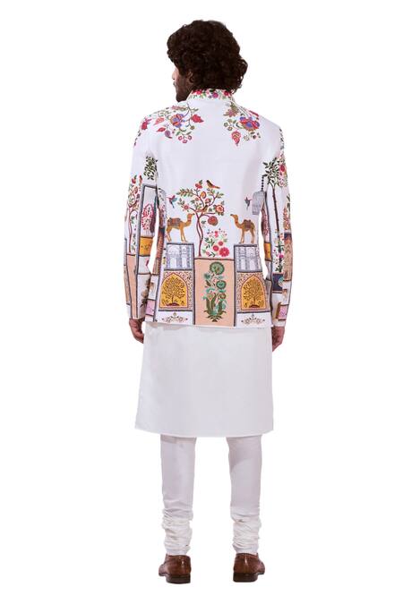 Taroob White Silk Embroidery Moroccan Kalamkari Bandhgala Online at Aza Fashions Taroob_White Silk Embroidery Moroccan Kalamkari Bandhgala_Online_at_Aza_Fashions