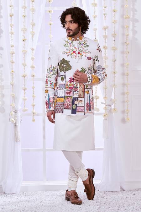 Buy Taroob White Silk Embroidery Moroccan Kalamkari Bandhgala Online at Aza Fashions Buy_Taroob_White Silk Embroidery Moroccan Kalamkari Bandhgala_Online_at_Aza_Fashions