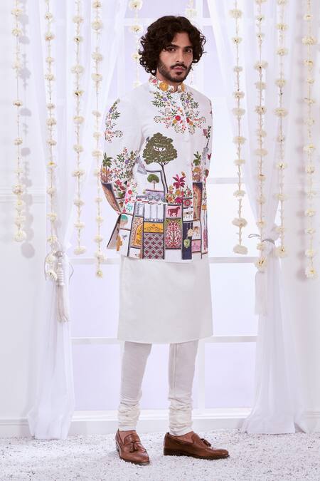 Shop Taroob White Silk Embroidery Moroccan Kalamkari Bandhgala Online at Aza Fashions Shop_Taroob_White Silk Embroidery Moroccan Kalamkari Bandhgala_Online_at_Aza_Fashions