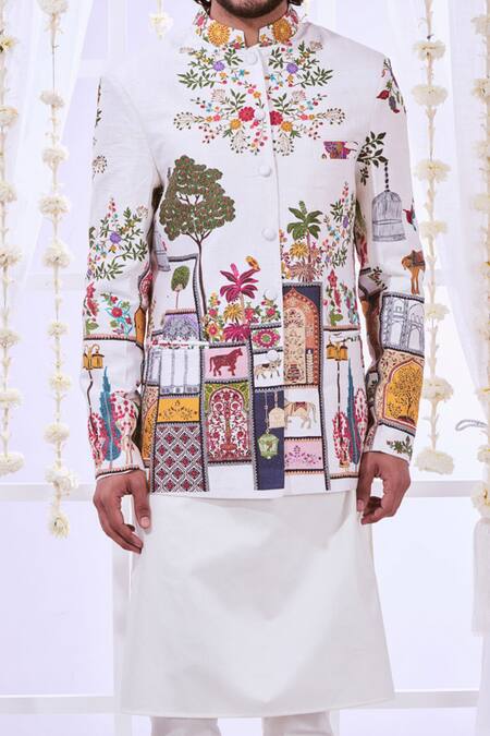 Buy Taroob White Silk Embroidery Moroccan Kalamkari Bandhgala Buy_Taroob_White Silk Embroidery Moroccan Kalamkari Bandhgala