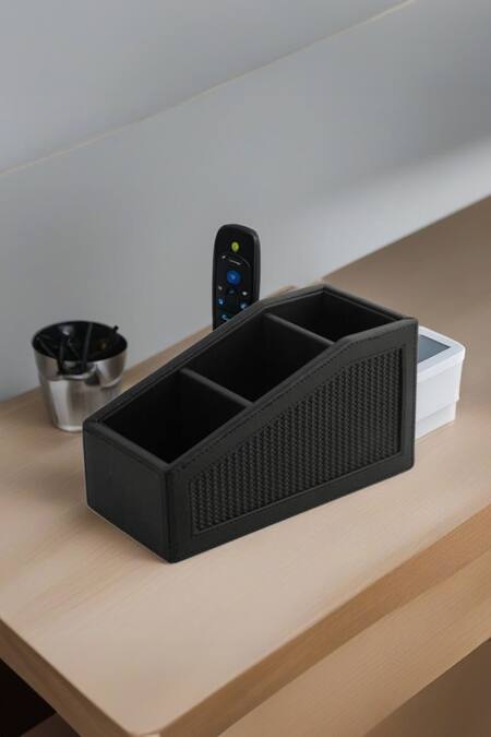 Buy_Nadora_Black Vegan Leather Braided Remote Organiser_Online_at_Aza_Fashions