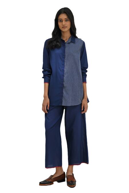 Payal Pratap Blue Handloom Cotton Printed Striped Collar Damania Shirt Online at Aza Fashions Payal Pratap_Blue Handloom Cotton Printed Striped Collar Damania Shirt _Online_at_Aza_Fashions