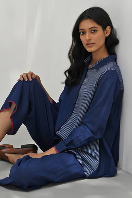 Payal Pratap Blue Handloom Cotton Printed Striped Collar Damania Shirt at Aza Fashions Payal Pratap_Blue Handloom Cotton Printed Striped Collar Damania Shirt _at_Aza_Fashions