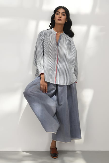 Payal Pratap Grey Handloom Cotton Printed Striped Band Collar Oio Shirt 