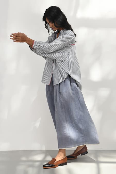 Buy Payal Pratap Grey Handloom Cotton Printed Striped Band Collar Oio Shirt Online at Aza Fashions Buy_Payal Pratap_Grey Handloom Cotton Printed Striped Band Collar Oio Shirt _Online_at_Aza_Fashions