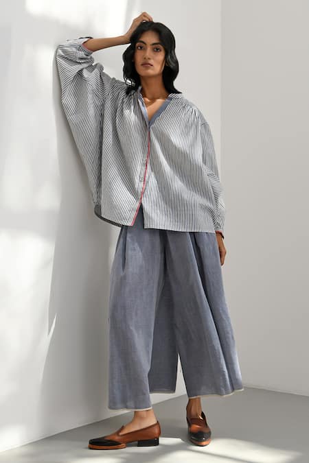 Shop Payal Pratap Grey Handloom Cotton Printed Striped Band Collar Oio Shirt Online at Aza Fashions Shop_Payal Pratap_Grey Handloom Cotton Printed Striped Band Collar Oio Shirt _Online_at_Aza_Fashions