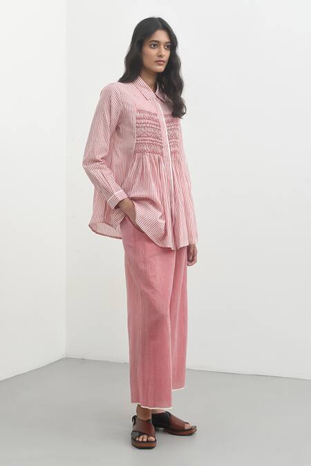 Buy Payal Pratap Pink Handloom Cotton Printed Striped Collar Makrinitsa Shirt Online at Aza Fashions Buy_Payal Pratap_Pink Handloom Cotton Printed Striped Collar Makrinitsa Shirt _Online_at_Aza_Fashions