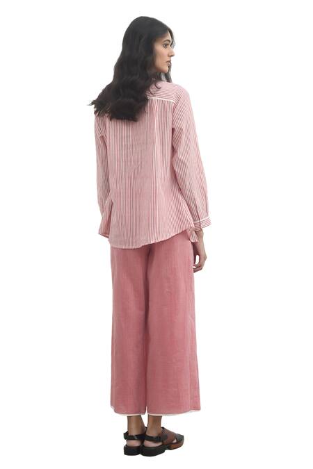 Shop Payal Pratap Pink Handloom Cotton Printed Striped Collar Makrinitsa Shirt Online at Aza Fashions Shop_Payal Pratap_Pink Handloom Cotton Printed Striped Collar Makrinitsa Shirt _Online_at_Aza_Fashions