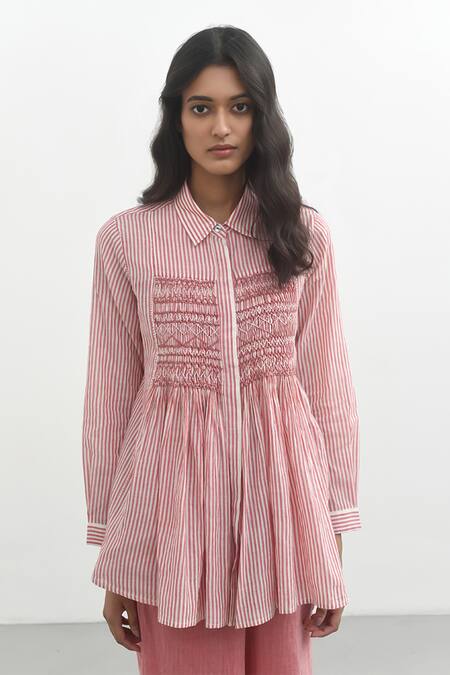 Payal Pratap Pink Handloom Cotton Printed Striped Collar Makrinitsa Shirt at Aza Fashions Payal Pratap_Pink Handloom Cotton Printed Striped Collar Makrinitsa Shirt _at_Aza_Fashions